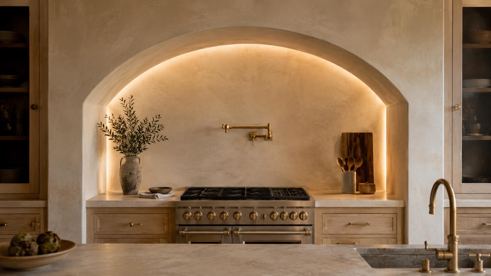 Archway Appliance Alcoves with Soft Ambient Lighting